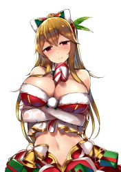 Rule 34 | 10s, 1girl, bad id, bad twitter id, bare shoulders, bell, between breasts, blonde hair, bow, box, breast hold, breasts, bustier, candy, candy cane, cleavage, crossed arms, food, fur collar, fur trim, gift, gift box, granblue fantasy, hair bow, head tilt, highres, huge breasts, long hair, looking at viewer, midriff, navel, orihi chihiro, parted lips, ponytail, red eyes, solo, strapless, very long hair, vira (granblue fantasy), white background