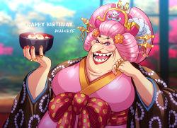Rule 34 | 1girl, 2022, big hair, big mom, birthday, blue sky, blush stickers, breasts, charlotte linlin, cleavage, dated, dress, evil grin, evil smile, fat, food, grin, hair ornament, hair stick, happy birthday, hat, holding, holding food, japanese clothes, jewelry, kimono, lipstick, looking at viewer, makeup, napoleon (one piece), nihongami, old, old woman, one piece, pink hair, pirate hat, red lips, ring, shiny clothes, simple background, sky, smile, solo, upper body, youkan (tako)