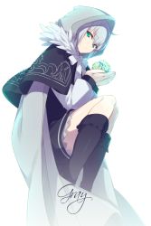 Rule 34 | 1girl, :o, add (fate), ahoge, black legwear, cape, character name, cloak, commentary request, creature, cube, echo (circa), fate/grand order, fate (series), fur-trimmed cloak, fur trim, gray (fate), green eyes, grey cape, grey hair, hair between eyes, holding, hood, hood up, hooded cloak, looking at viewer, lord el-melloi ii case files, miniskirt, parted lips, ribbon, simple background, skirt, solo, white background, white ribbon