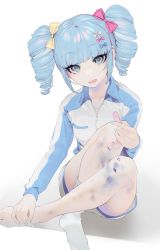 Rule 34 | 1girl, :d, bad id, bad twitter id, bandaid, barefoot, blue eyes, blue hair, blue nails, blush, bruise, character request, drill hair, feet, full body, hair ribbon, hands on feet, highres, holding feet, injury, jacket, crossed legs, looking up, makeup, mascara, nail art, nail polish, ohisashiburi, open mouth, ribbon, shining star, simple background, sitting, smile, unworn socks, solo, sportswear, tsurime, twin drills, twintails, white background
