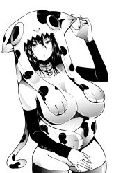 Rule 34 | 1girl, :o, animal print, are (arearee), bare shoulders, bell, neck bell, black hair, bottomless, breasts, cleavage, collar, costume, cow print, curvy, detached sleeves, greyscale, highres, huge breasts, kagari ayaka, looking at viewer, monochrome, navel, open mouth, revealing clothes, short hair, solo, thick thighs, thighhighs, thighs, wide hips