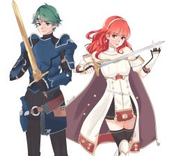Rule 34 | 1boy, 1girl, alm (fire emblem), arm guards, armor, black thighhighs, breastplate, cape, celica (fire emblem), circlet, detached collar, dress, earrings, fingerless gloves, fire emblem, fire emblem echoes: shadows of valentia, fire emblem heroes, gloves, green eyes, green hair, hair ornament, highres, jewelry, long hair, looking at viewer, nana (mizukas), nintendo, red eyes, red hair, simple background, smile, sword, thighhighs, tiara, weapon, zettai ryouiki