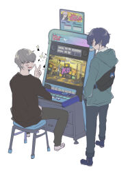 Rule 34 | 2boys, arcade cabinet, black shirt, blue hair, blush, closed eyes, dark blue hair, expressionless, facing another, fighting game, full body, grey hair, hanamura yousuke, hands in pockets, happy, headphones, hood, hoodie, jack frost (megami tensei), k.o., looking at another, male focus, multiple boys, narukami yuu, on stool, open mouth, persona, persona 3, persona 4, persona 4: the ultimate in mayonaka arena, playing games, shirt, short hair, simple background, sitting, sparkle, standing, sumino suito, v, white background, yuuki makoto (persona 3)