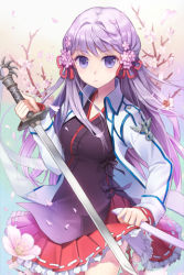 Rule 34 | 1girl, cherry blossoms, endos, expressionless, flower, frilled skirt, frills, half updo, holding, jacket, japanese clothes, kimono, lolita fashion, long hair, lowres, petals, pintail (sword girls), pleated skirt, purple eyes, purple hair, sheath, skirt, solo, sword, sword girls, wa lolita, weapon