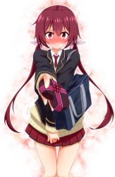 Rule 34 | 10s, 1girl, bag, blush, box, candy, chocolate, chocolate heart, cropped legs, flat chest, food, gift, gift box, heart, heart-shaped box, holding, holding gift, incoming gift, joukamachi no dandelion, long hair, long sleeves, looking at viewer, low twintails, miniskirt, mizunashi (second run), necktie, pink eyes, pleated skirt, red hair, red necktie, red skirt, sakurada akane, school uniform, skirt, solo, sweater, thigh gap, twintails, valentine