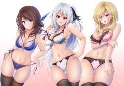Rule 34 | 3girls, :d, :o, armpits, bare arms, bare shoulders, black legwear, blonde hair, blue bra, blue eyes, blue panties, bra, breast hold, breasts, brown hair, cameltoe, cleavage, closed mouth, collarbone, cowboy shot, cross, cross necklace, crotch seam, denpa (denpae29), ear piercing, frown, gluteal fold, groin, hair ribbon, hair rings, hand up, jewelry, lace, lace-trimmed bra, lace-trimmed panties, lace trim, large breasts, lingerie, long hair, looking at viewer, multiple girls, navel, necklace, one side up, open mouth, original, panties, piercing, pink bra, pink eyes, pink panties, red eyes, ribbon, side-tie panties, sidelocks, skindentation, smile, stomach, thigh gap, thighhighs, thighs, underwear, underwear only, v-shaped eyebrows, very long hair, white bra, white hair, white panties