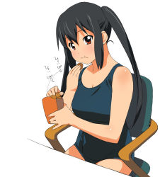 Rule 34 | 1girl, :t, a1 (initial-g), afterimage, bare shoulders, black hair, blush, chair, eating, k-on!, long hair, nakano azusa, one-piece swimsuit, red eyes, school swimsuit, simple background, sitting, solo, swimsuit, twintails