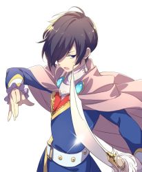 Rule 34 | belt, black hair, blue eyes, cape, echo (circa), leon magnus, looking at viewer, male focus, open mouth, simple background, solo, sword, tales of (series), tales of destiny, weapon, white background
