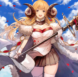 Rule 34 | 1girl, :d, ahoge, anila (granblue fantasy), blue sky, blush, breasts, brown skirt, cape, cleavage, cloud, cowboy shot, day, draph, fur trim, gloves, granblue fantasy, highres, holding, holding polearm, holding weapon, honyaru (nanairo39), horns, large breasts, long hair, looking at viewer, open mouth, petals, pleated skirt, polearm, sheep horns, skirt, sky, smile, solo, standing, thighhighs, weapon, white gloves, white thighhighs, yellow eyes, zettai ryouiki