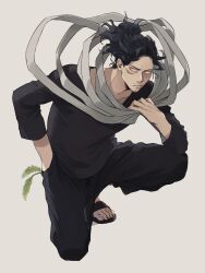 Rule 34 | 1boy, black pants, black shirt, boku no hero academia, cattail, eraser head (boku no hero academia), facial hair, full body, grey background, grey scarf, hand in pocket, highres, male focus, messy hair, mustache, on one knee, pants, plant, rnuyvm, sandals, scar, scar on face, scarf, scarf grab, shirt, simple background, solo, sparse stubble, toenails, yellow eyes