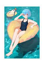 Rule 34 | 1girl, absurdres, ayanami rei, barefoot, bird, blue hair, chinese commentary, commentary, dated, feet, floating, highres, looking at viewer, neon genesis evangelion, one-piece swimsuit, penguin, penpen, ptdra, red eyes, shadow, swimsuit, water