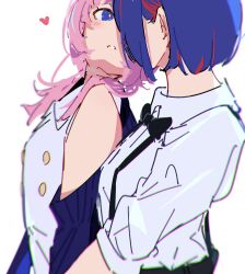 Rule 34 | 2girls, absurdres, atenaba, black bow, black bowtie, blue eyes, blue hair, blush, bow, bowtie, chromatic aberration, collared shirt, heart, highres, kaf (kamitsubaki studio), kamitsubaki studio, kiss, kissing cheek, long hair, long sleeves, multicolored hair, multiple girls, parted lips, pink hair, red hair, rim (kamitsubaki studio), shirt, simple background, sleeveless, sleeveless shirt, streaked hair, suspenders, twintails, upper body, white background, white shirt, yellow pupils, yuri