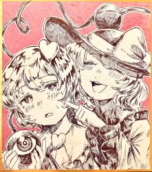 Rule 34 | 2girls, :d, blush, bow, cheek poking, commentary, frilled shirt collar, frilled sleeves, frills, greyscale with colored background, hair between eyes, hair ornament, hat, hat bow, heart, heart hair ornament, heart of string, highres, holding, komeiji koishi, komeiji satori, long sleeves, looking at another, multiple girls, mushiao, nose blush, open mouth, photo (medium), poking, red background, short hair, siblings, sisters, smile, sweatdrop, teeth, third eye, touhou, traditional media, upper teeth only, wide sleeves