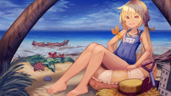 Rule 34 | 1girl, absurdres, beach, blonde hair, blue one-piece swimsuit, blue sky, cloud, crab, day, flat chest, goggles, goggles around neck, highres, innertube, kantai collection, logiclr, long hair, low twintails, name tag, ocean, one-piece swimsuit, outdoors, palm tree, satsuki (kancolle), school swimsuit, sitting, sky, solo, starfish, swim ring, swimsuit, tree, twintails, yellow eyes