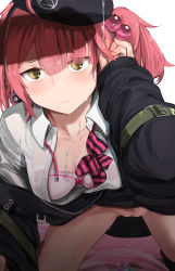 Rule 34 | 1girl, beret, black jacket, blush, bow, bowtie, bra, breasts, candy, censored, closed mouth, commentary, eyes visible through hair, female pubic hair, food, girls&#039; frontline, hair bobbles, hair ornament, hat, highres, jacket, lollipop, long sleeves, mishima hiroji, mp7 (girls&#039; frontline), penis shadow, pubic hair, red hair, shirt, solo, underwear, white shirt, yellow eyes
