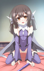 Rule 34 | 1girl, 2017, aoi masami, arm support, artist name, bed, brown eyes, brown hair, cape, dated, detached sleeves, fate/kaleid liner prisma illya, fate (series), hair ornament, hairclip, highres, kneeling, leaning forward, leotard, long hair, looking at viewer, magical girl, miyu edelfelt, open mouth, purple leotard, purple thighhighs, ribbon, smile, solo, spread legs, thigh strap, thighhighs, twintails