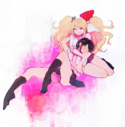 Rule 34 | 10s, 2girls, alternate costume, arched soles, arms around neck, bad id, bad pixiv id, black hair, black skirt, blonde hair, blue eyes, blush, boots, bow, cuddling, danganronpa: trigger happy havoc, danganronpa (series), enoshima junko, fake nails, freckles, full body, hair bow, hair ornament, ikusaba mukuro, incest, knee up, kneehighs, leaning back, leaning forward, long hair, lying, multiple girls, nail polish, nanzuyo (gnsi), on person, open mouth, panties, rabbit hair ornament, red nails, short hair, siblings, simple background, sisters, skirt, sleeves rolled up, smile, socks, spoilers, teeth, tongue, tongue out, twincest, twins, twintails, underwear, upper teeth only, upskirt, yuri