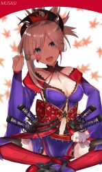 Rule 34 | 1girl, asymmetrical hair, autumn leaves, bare shoulders, black thighhighs, blue eyes, blush, breasts, cleavage, commentary request, crossed legs, dango, detached collar, earrings, fate/grand order, fate (series), floral print, food, grey hair, hair ornament, high heels, highres, japanese clothes, jewelry, katana, kimono, komainu (yamaha1997), leaf, long hair, long sleeves, magatama, midriff, miyamoto musashi (fate), miyamoto musashi (third ascension) (fate), navel, open mouth, ponytail, sanshoku dango, sash, shade, shaded face, shin guards, simple background, sitting, solo, sword, teeth, thighhighs, thighs, wagashi, weapon