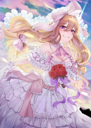Rule 34 | 1girl, blonde hair, bouquet, breasts, bridal veil, cleavage, dress, flower, frilled dress, frills, gloves, grin, highres, holding, holding bouquet, ishikawa sparerib, long hair, looking at viewer, medium breasts, neck ribbon, off-shoulder dress, off shoulder, purple eyes, red flower, red rose, ribbon, rose, sky, smile, solo, touhou, veil, wedding dress, white dress, white gloves, yakumo yukari