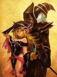 Rule 34 | 1boy, 1girl, armor, back-to-back, bad id, bad pixiv id, bare shoulders, blonde hair, blue skin, choker, colored skin, dark magician, duel monster, gloves, green eyes, hat, looking at viewer, magi magi magician gal, purple eyes, staff, teacher and student, wizard hat, yu-gi-oh!, yu-gi-oh! duel monsters, yu-gi-oh! zexal, yuu-gi-ou, yuu-gi-ou zexal, yuza