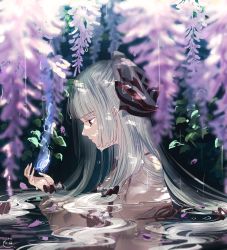 Rule 34 | 1girl, bad id, bad pixiv id, bow, flower, from side, fujiwara no mokou, hair bow, highres, long hair, looking away, mokoiscat, partially submerged, red bow, red eyes, solo, touhou, white bow, white hair, wisteria