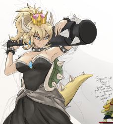 Rule 34 | 2girls, :s, absurdres, animal crossing, animal ears, arm up, armlet, armpits, bare shoulders, black collar, black dress, blonde hair, blue eyes, borrowed design, bowsette, bracelet, breasts, brooch, cleavage, closed mouth, club, club (weapon), collar, collarbone, commentary, crown, dog ears, dog girl, dog tail, dress, earrings, english commentary, english text, fang, fang out, fingernails, furry, furry female, giant, giantess, hair between eyes, hand up, high ponytail, highres, holding, holding weapon, horns, isabelle (animal crossing), jewelry, large breasts, long hair, looking at another, mario (series), multiple girls, nathan mares, new super mario bros. u deluxe, nintendo, over shoulder, ponytail, sharp fingernails, shirt, sidelocks, signature, sketch, skirt, slit pupils, spiked armlet, spiked bracelet, spiked club, spiked collar, spiked shell, spiked tail, spikes, standing, strapless, strapless dress, super crown, super smash bros., tail, topknot, tsurime, turtle shell, v-shaped eyebrows, weapon, weapon over shoulder