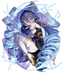 Rule 34 | 1girl, artist request, ass, bare shoulders, blue hair, blue hood, blush, breasts, cameltoe, detached sleeves, drill hair, embarrassed, genshin impact, high heels, highres, hood, layla (genshin impact), leggings, long hair, looking at viewer, medium breasts, pointy ears, smile, solo, twin drills, very long hair, yellow eyes
