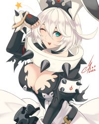 Rule 34 | 1girl, absurdres, ahoge, animal ears, arm up, artist name, belt, blue eyes, bracelet, breasts, choker, cleavage, collar, dated, dress, elphelt valentine, fake animal ears, guilty gear, guilty gear xrd, highres, huge ahoge, i a n, jewelry, large breasts, looking at viewer, one eye closed, rabbit ears, short hair, signature, solo, spiked bracelet, spiked collar, spikes, star (symbol), tongue, tongue out, wedding dress, white hair