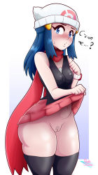 Rule 34 | 1girl, absurdres, artist name, bare shoulders, beanie, black thighhighs, blue eyes, blue hair, breasts, clothes lift, collarbone, creatures (company), curvy, dawn (pokemon), english text, female focus, female pubic hair, game freak, hair ornament, hat, highres, lifting own clothes, long hair, looking at viewer, nintendo, no panties, pokemon, pokemon dppt, pouty lips, presenting, protoscene, pubic hair, pussy, scarf, simple background, skirt, skirt lift, sleeveless, small breasts, solo, sweat, thick thighs, thighhighs, thighs, uncensored, upper body, watch, white background, wide hips, wristwatch