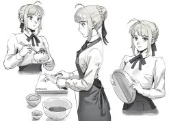 Rule 34 | 1girl, ahoge, apron, artoria pendragon (all), artoria pendragon (fate), blouse, bowl, braid, chopsticks, commentary, cooking, eating, emknov, english commentary, fate/grand order, fate/stay night, fate (series), hair bun, hair ribbon, highres, holding, holding bowl, kitchen knife, monochrome, neck ribbon, ribbon, rice bowl, saber (fate), shirt, single hair bun, solo, tray