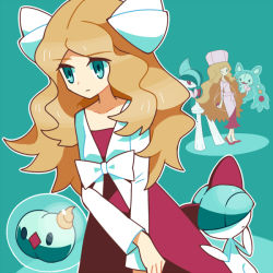 Rule 34 | 1girl, belt, blonde hair, blouse, blue background, blue eyes, bow, caitlin (pokemon), collarbone, creatures (company), dadadanoda, diamond (shape), dress, dual persona, expressionless, full body, gallade, game freak, gen 3 pokemon, gen 4 pokemon, gen 5 pokemon, hair bow, hand on own chin, holding, holding poke ball, long hair, long sleeves, looking to the side, multiple persona, nintendo, one eye closed, own hands together, pink headwear, pink shirt, poke ball, pokemon, pokemon (creature), pokemon bw, pokemon dppt, pokemon platinum, ralts, red dress, red footwear, reuniclus, shirt, shoes, sidelocks, simple background, smile, solid oval eyes, solosis, strapless, strapless dress, tareme, time paradox, very long hair, white bow, white shirt, wink