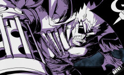 Rule 34 | 1boy, clenched teeth, highres, kankan33333, looking at viewer, male focus, old, old man, one piece, one piece film: z, purple theme, solo, spiked hair, sunglasses, teeth, upper body, zephyr (one piece)