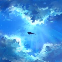 Rule 34 | absurdres, axleaki, blue sky, blue theme, bubble, cloud, cloudy sky, commentary, fish, flying whale, highres, light rays, no humans, original, outdoors, scenery, sky, sunbeam, sunlight, whale, wide shot