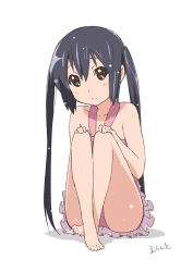 Rule 34 | 1girl, barefoot, black hair, brown eyes, casual one-piece swimsuit, errant, full body, halterneck, hands on own knees, k-on!, long hair, nakano azusa, one-piece swimsuit, pink one-piece swimsuit, sidelocks, signature, simple background, sitting, solo, swimsuit, twintails