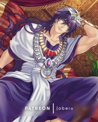 Rule 34 | 1boy, arabian clothes, bishounen, earrings, feet out of frame, hand on own head, hoop earrings, jewelry, jouvru, lips, long hair, looking at viewer, magi the labyrinth of magic, male focus, paid reward available, pectoral cleavage, pectorals, pelvic curtain, purple hair, sinbad (magi), smile, solo, spread legs, toned, toned male, turban