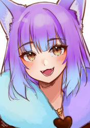 Rule 34 | 1girl, :3, :d, blush, brown eyes, commentary, coronetto kokoro, english commentary, fangs, fur collar, gradient hair, head tilt, heart, heart in eye, highres, indie virtual youtuber, jewelry, kemonomimi mode, looking at viewer, medium hair, multicolored hair, necklace, open mouth, portrait, purple hair, simple background, smile, solo, symbol in eye, temachii, virtual youtuber, white background