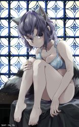 Rule 34 | 1girl, animal ear fluff, animal ears, backlighting, bare arms, bare legs, bare shoulders, barefoot, bottomless, bra, breasts, cleavage, closed mouth, common raccoon (kemono friends), expressionless, extra ears, full body, grey eyes, hand on own knee, highres, kemono friends, knees together feet apart, knees up, leaning forward, looking at viewer, medium breasts, medium hair, nanana (nanana iz), parted lips, purple hair, raccoon ears, raccoon girl, raccoon tail, sidelocks, sitting, solo, tail, toes, unaligned breasts, underwear, underwear only