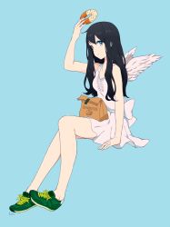 Rule 34 | 1girl, angel wings, artist name, bad id, bad pixiv id, bag, bare legs, bare shoulders, black hair, blue background, blue eyes, bow, doughnut, dress, english text, food, frills, full body, green footwear, holding, invisible chair, kise (swimmt), long hair, looking at viewer, no socks, original, paper bag, shoes, simple background, sitting, sleeveless, sleeveless dress, sneakers, solo, straight hair, white dress, white wings, wings