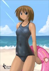 Rule 34 | 2003, beach, breasts, brown hair, cameltoe, cleft of venus, covered erect nipples, covered navel, high cut kingdom, innertube, lens flare, nipples, nyanko batake, one-piece swimsuit, school swimsuit, small breasts, swim ring, swimsuit, tan