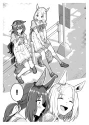 Rule 34 | !, 2girls, admire vega (umamusume), animal ears, birii, blush, bow, bowtie, bus stop, closed eyes, cup, disposable cup, ear covers, facing another, frilled skirt, frills, from above, greyscale, hair ribbon, highres, holding, holding cup, horse ears, horse girl, horseshoe ornament, long hair, looking at another, low ponytail, monochrome, multiple girls, narita top road (umamusume), pleated skirt, puffy short sleeves, puffy sleeves, ribbon, school uniform, serafuku, short hair, short sleeves, single ear cover, skirt, spoken exclamation mark, thighhighs, tracen school uniform, umamusume, white ribbon, white thighhighs