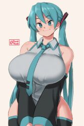 Rule 34 | 1girl, absurdres, alternate breast size, aqua eyes, aqua hair, aqua necktie, black sleeves, black thighhighs, breasts, breasts squeezed together, collared shirt, curvy, detached sleeves, grey shirt, groin, hatsune miku, highres, huge breasts, long hair, munah munah, necktie, no pants, shirt, sleeveless, sleeveless shirt, solo, thighhighs, twintails, v arms, very long hair, vocaloid, white background, wide hips
