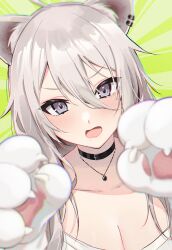 Rule 34 | 1girl, absurdres, ahoge, akai ame, animal ear fluff, animal ears, animal hands, black choker, blush, breasts, cat paws, choker, cleavage, collarbone, ear piercing, grey eyes, highres, hololive, jewelry, large breasts, lion ears, lion girl, long hair, looking at viewer, necklace, open mouth, paw pose, piercing, shirt, shishiro botan, shishiro botan (button-down), solo, upper body, virtual youtuber, white hair, white shirt