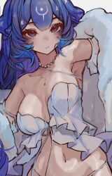 Rule 34 | 1girl, absurdres, armpits, babydoll, bao (vtuber), blue hair, blush, breasts, coat, collarbone, commentary, highres, indie virtual youtuber, jewelry, large breasts, long hair, looking at viewer, naokomama, navel, necklace, open clothes, open coat, panties, pearl necklace, simple background, solo, stomach, underwear, virtual youtuber, white babydoll, white background, white coat, white panties