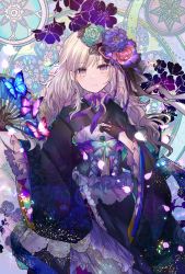Rule 34 | 1girl, black gloves, black kimono, bow, bug, butterfly, colorful, corset, floral print, flower, furisode, gloves, hair flower, hair ornament, hand fan, highres, bug, japanese clothes, kazu (muchuukai), kimono, light particles, long hair, looking at viewer, original, paper fan, petals, pink eyes, pink hair, smile, solo, wavy hair