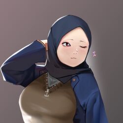 Rule 34 | 1girl, breasts, highres, hijab, jacket, jewelry, looking to the side, medium breasts, necklace, one eye closed, open clothes, open jacket, simple background, upper body, wink, yohohoho