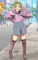 Rule 34 | 1girl, :d, ahoge, alternate costume, boots, city, day, double v, elf, full body, green hair, grey shorts, hands up, highres, looking at viewer, mizumori keiichi, mushoku tensei, open mouth, outdoors, pointy ears, purple sweater, red eyes, short hair, shorts, smile, solo, standing, sweater, sylphiette (mushoku tensei), thigh boots, v