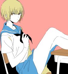 Rule 34 | 1girl, bad id, bad twitter id, black neckerchief, blonde hair, blue sailor collar, blue skirt, brown eyes, chair, closed mouth, commentary request, copyright request, desk, feet on table, from behind, from side, hand up, highres, looking at viewer, looking to the side, musshu (omu001), neckerchief, pink background, sailor collar, school desk, school uniform, serafuku, shirt, short sleeves, simple background, sitting, skirt, solo, white shirt