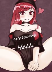 Rule 34 | 1girl, bare shoulders, blush, breasts, cafeier, choker, cleavage, clothes writing, collarbone, covering crotch, covering privates, grin, heart, hecatia lapislazuli, highres, long hair, looking at viewer, medium breasts, naughty face, red eyes, red hair, shirt grab, shirt tug, simple background, sitting, smile, solo, spoken heart, spread legs, teasing, thighs, touhou