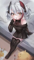 Rule 34 | 1girl, @ @, absurdres, antenna hair, azur lane, bare shoulders, black gloves, black ribbon, black thighhighs, blush, commentary request, crayon, cross, drawing, dress, gloves, grey hair, hair between eyes, hair ribbon, highres, iron cross, little prinz eugen (azur lane), manjuu (azur lane), multicolored hair, off-shoulder dress, off shoulder, on bed, open mouth, orange eyes, ouoia, ribbon, sitting, streaked hair, thighhighs