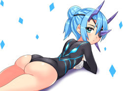Rule 34 | 1girl, aqua eyes, ass, blue hair, breasts, cougar (cougar1404), eyepatch, from behind, hair bun, horns, huge ass, leotard, looking at viewer, looking back, lying, medium breasts, on stomach, shiny clothes, shiny skin, short hair, sideboob, simple background, single hair bun, solo, theory (xenoblade), thighs, wedgie, xenoblade chronicles (series), xenoblade chronicles 2